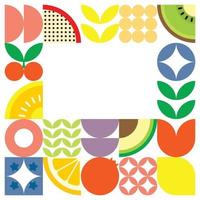 Geometric summer fresh fruit cut artwork poster with colorful simple shapes. Scandinavian styled flat abstract vector pattern design. Minimalist illustration of fruits and leaves on white background.