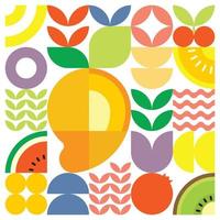 cartel geométrico de verano con frutas frescas cortadas con formas simples y coloridas. diseño de patrón de vector abstracto plano de estilo escandinavo. ilustración minimalista de un mango maduro sobre un fondo blanco.