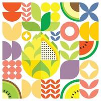 Afiche geométrico de obras de arte de frutas frescas de verano con formas simples y coloridas. diseño de patrón de vector abstracto plano de estilo escandinavo. ilustración minimalista de una fruta de dragón amarilla sobre un fondo blanco.