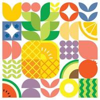 cartel geométrico de verano con frutas frescas cortadas con formas simples y coloridas. diseño de patrón de vector abstracto plano de estilo escandinavo. ilustración minimalista de una piña madura sobre un fondo blanco.