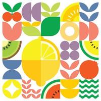cartel geométrico de verano con frutas frescas cortadas con formas simples y coloridas. diseño de patrón de vector abstracto plano de estilo escandinavo. ilustración minimalista de un limón amarillo sobre un fondo blanco.