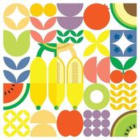 cartel geométrico de verano con frutas frescas cortadas con formas simples y coloridas. diseño de patrón de vector abstracto plano de estilo escandinavo. ilustración minimalista de un plátano maduro sobre un fondo blanco.