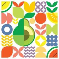 Geometric summer fresh fruit cut artwork poster with colorful simple shapes. Scandinavian style flat abstract vector pattern design. Minimalist illustration of a green avocado on a white background.