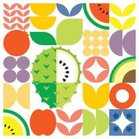 cartel geométrico de verano con frutas frescas cortadas con formas simples y coloridas. diseño de patrón de vector abstracto plano de estilo escandinavo. ilustración minimalista de una guanábana sobre un fondo blanco.