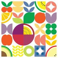 Afiche geométrico de obras de arte de frutas frescas de verano con formas simples y coloridas. diseño de patrón de vector abstracto plano de estilo escandinavo. ilustración minimalista de una fruta de la pasión púrpura sobre fondo blanco.