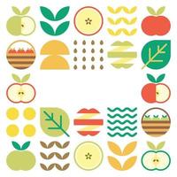 Apple frame abstract artwork. Design illustration of colorful apple pattern, leaves, and geometric symbols in minimalist style. Whole fruit, cut and split. Simple flat vector on a white background.