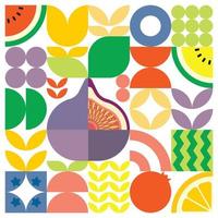 cartel geométrico de verano con frutas frescas cortadas con formas simples y coloridas. diseño de patrón de vector abstracto plano de estilo escandinavo. ilustración minimalista de higos morados sobre un fondo blanco.