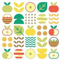 Apple icon abstract artwork. Design illustration of colorful apple pattern, leaves, and geometric symbols in minimalist style. Whole fruit, cut and split. Simple flat vector on a white background.