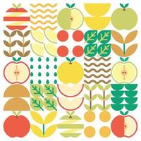 Apple icon abstract artwork. Design illustration of colorful apple pattern, leaves, and geometric symbols in minimalist style. Whole fruit, cut and split. Simple flat vector on a white background.