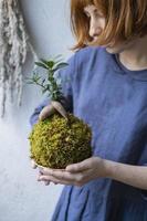 kokedama with bonsai tree or succulent tree in the hands of female close up photo