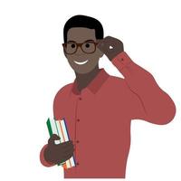 Portrait of a dark-skinned student in glasses and with books, a flat vector on a white background, a happy student