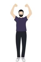 Portrait of a bearded guy with arms raised above his head, flat vector on white background, faceless illustration