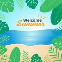 Welcome summer greeting square banner. Beach and floral illustration background vector