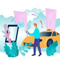 proceso de reserva de taxi a través de la ilustración de vector plano de aplicación móvil. fondo de servicios en línea de transporte de automóviles de pasajeros con un personaje de dibujos animados de hombre que usa el teléfono para pedir un taxi.