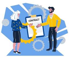 Signing contract or deal documents. Business people sign official document of agreement, flat vector illustration.
