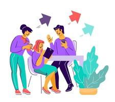Company workers, creative business team working, drinking coffee and messaging with gadgets in coworking area or office. Teamwork communication and friendly work environment. Flat vector illustration.