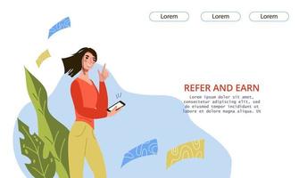 Refer and Earn  banner with woman character sanding inviting messages. Friends referral program and business customers recommendations. Promotion and advertising company. Flat vector illustration.