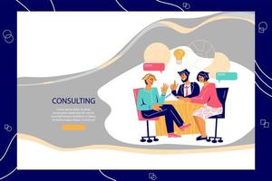Business consulting services banner template with people characters meeting and giving advice or consultation for businessman about successful company development strategy. FLat vector illustration.