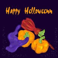 feliz plantilla de tarjeta de felicitación de halloween con sombrero de brujas, escoba y calabazas, ilustración vectorial aislada en fondo azul oscuro. invitación y pancarta de vacaciones de otoño. vector