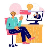 reunión de negocios en línea o concepto de conferencia con un hombre en el escritorio chateando con colegas en línea. trabajador que usa computadora para reunión virtual y videoconferencia, vector de dibujos animados aislado.