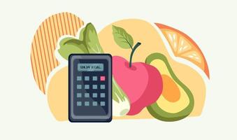 Healthy dieting banner template with with food icons and Calculator for Calories Counting. Nutrition plan for weight control, slimming and health. Flat vector Illustration.