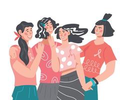 Breast Cancer Awareness Month concept with girl friends group together. Diverse women hugging and supporting each other. Charity, society support in fight against cancer. Vector Illustration isolated.