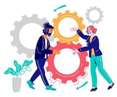 Teamwork and successful cooperation with business people cartoon characters working together on common project. Metaphor of collaboration and partnership, flat vector illustration isolated.