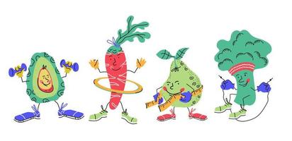 Sportive vegetables and fruits - avocado, carrot, pear and broccoli cartoon characters doing workout exercises, vector illustration isolated. Fitness and healthy lifestyle, dieting and sports.