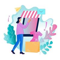 Online order and advanced smart internet technology for business retail concept with woman choosing goods in mobile phone application, flat vector illustration isolated. Intelligent urban environment.