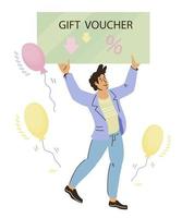 Businessman character happy get gift voucher flat vector illustration isolated. Shopping certificate and sale bonus promotion program. Clients attraction and discount events, sales increase.