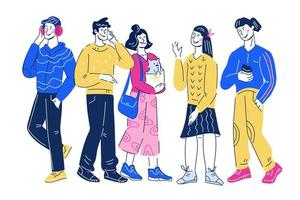 Youth day and friendship concept with young people, men and women cartoon characters. Cheerful fashionable trendy dressed boys and girls, students or friends. Sketch vector illustration isolated.