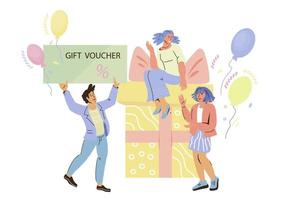 Gift voucher and bonus program for clients loyalty program concept, flat vector illustration isolated on white background. Happy customers with gifts.