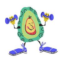 Comic Avocado cartoon character doing exercises with dumbbells, vector illustration isolated. Healthy and sportive lifestyle, dieting and fitness personage for prints and cards.