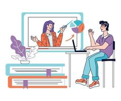 Webinar or online conference, lectures and education in internet with people cartoon characters. Man using computer to join online tutorial or business training flat vector illustration isolated.