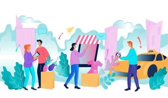 Smart intelligent city environment - choosing transportation and goods delivery via mobile app - banner concept with people using internet technology for comfortable life, flat vector illustration.
