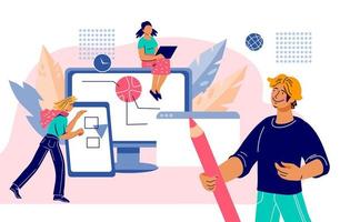 Online education and elearning, webinar banner with people characters using various gadgets for professional skills developing. Internet technology for distance education. Flat vector illustration.