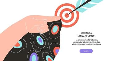 Business strategy and successful development planning web banner with hand pointing to target. Landing page for services suggesting financial solution and company management. Flat vector illustration.