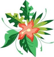 Hibiscus flower and tropical leaves element vector illustration isolated on background. Summer jungle floral bouquet for textile prints and party invitation cards.