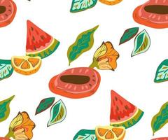 Summer fruit and flowers seamless pattern design, flat vector illustration on white background.