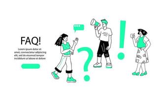 FAQ banner or landing page template with people characters, exclamation and question marks. Online customers support center and Frequently Asked Questions concept. Flat vector illustration.