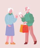 Senior Couple Doing Christmas Shopping. Elderly cute granny and grandpa, man and woman cartoon characters with shopping bags buying Xmas and New Year presents. Flat vector illustration isolated.
