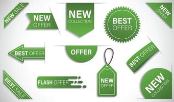 mejor oferta, nueva colección de etiquetas de oferta, etiquetas vectoriales verdes aisladas en fondo blanco. vector
