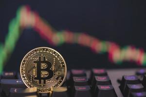 Bitcoin BTC group included cryptocurrency and stock chart candlestick down trend lose stock on computer keyboard. Use technology cryptocurrency blockchain. Focus select and blur close up coin.