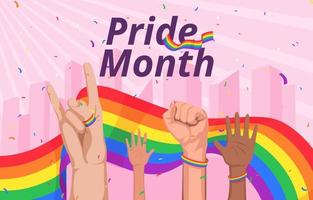 Pride Month Concept with Multiracial Hands and Rainbow Flag and Confetti vector