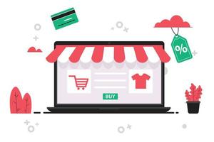 Online shopping market concept with computer laptop illustration vector