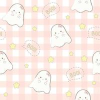 Cute Halloween pattern, cute smiling white ghosts on pastel pink checkered background. Seamless pattern vector illustration.