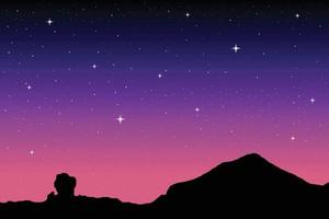 Night sky background, dark blue space background with stars and mountain silhouette. Vector illustration.