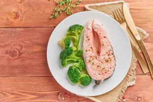 Steam salmon, broccoli, paleo, keto or fodmap diet. White plate