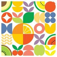 cartel geométrico de verano con frutas frescas cortadas con formas simples y coloridas. diseño de patrón de vector abstracto plano en estilo escandinavo. ilustración minimalista de naranjas cítricas sobre un fondo blanco.