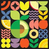 Geometric summer fresh fruit cut artwork poster with colorful simple shapes. Flat abstract vector pattern design in Scandinavian style. Minimalist illustration of a green avocado on black background.